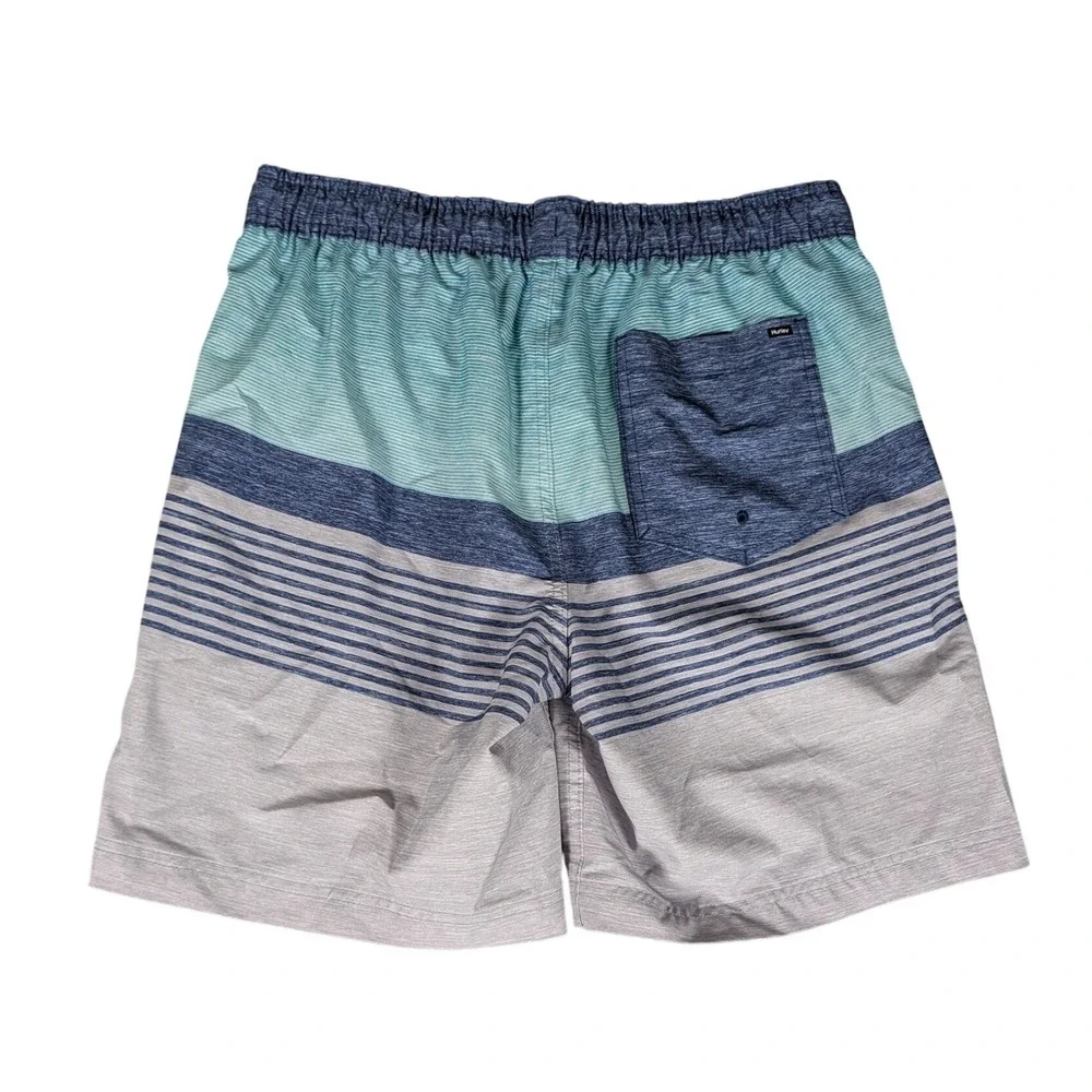 Hurley Mens Striped Board Shorts Blue Grey Elastic Waist Swim Trunks L